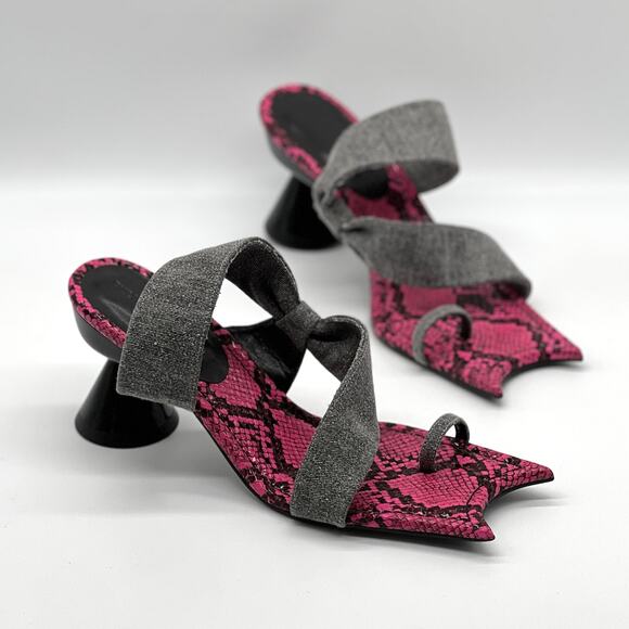 PAULA CANOVAS DEL VAS Diablo 90 Asymmetric Denim Strap Sandal Women 9 Pink Snake